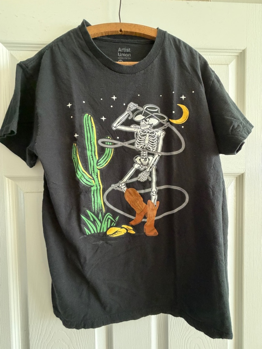 Artist Union Clothing Co. Black Cowboy Skeleton Tee with Green Cactus